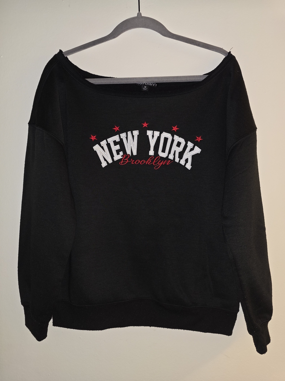 Black New York Brooklyn Graphic Sweatshirt Off The Shoulder - Women's
